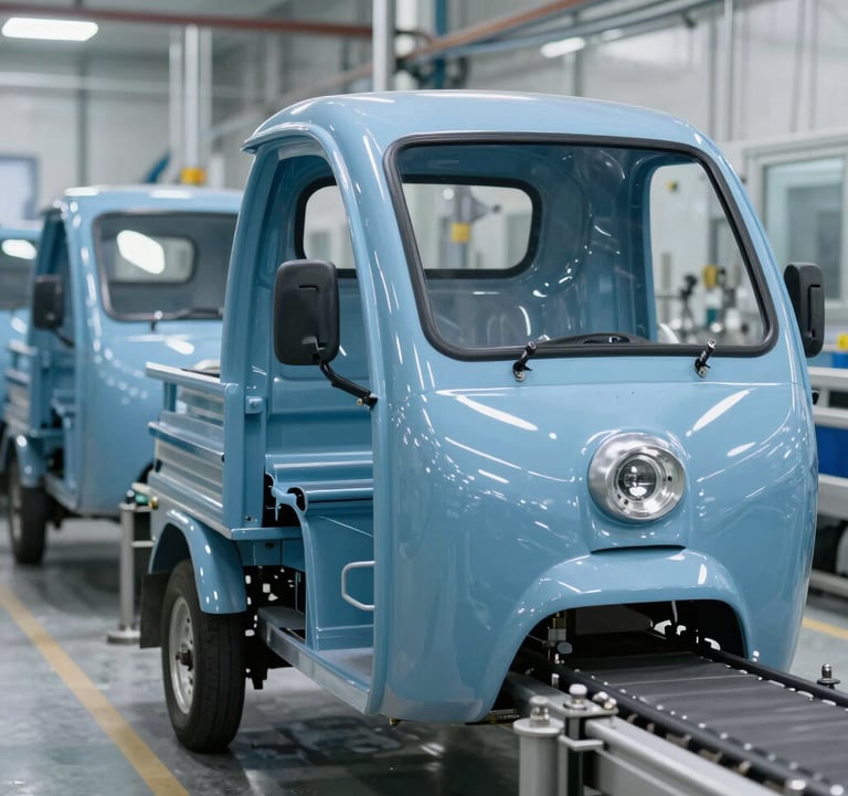 A professional photograph of an automated industrial painting line where glossy light blue tricycle shells move along a conveyor system. Clean, sterile factory environment with soft overhead lighting. Global / International.