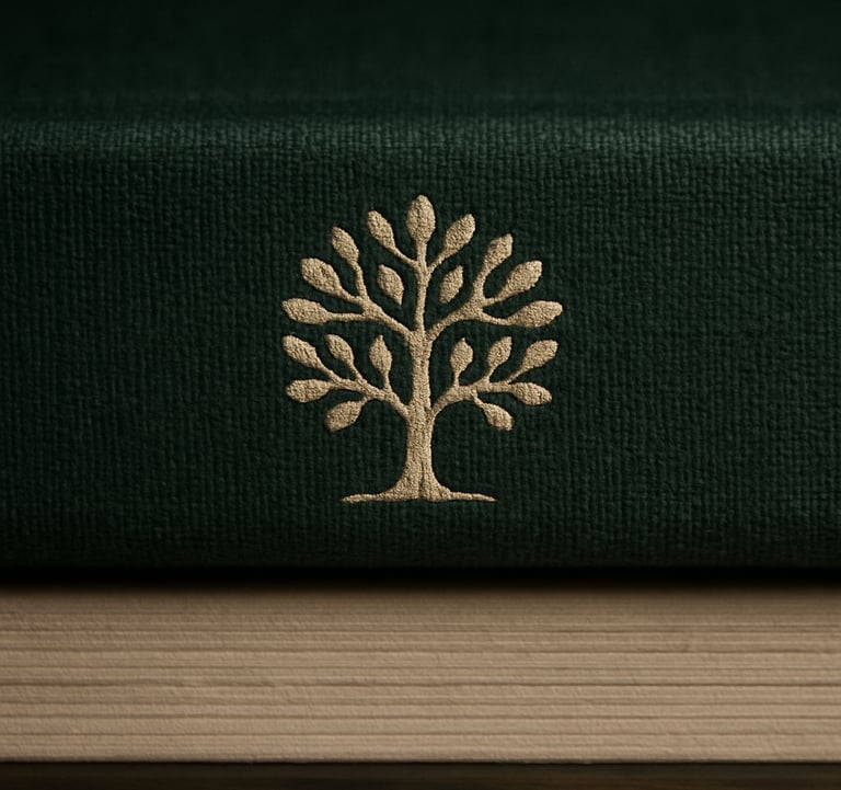 A macro photograph of the spine of a Sylvan Press book. The cover is a rich Forest Green fabric with the press logo embossed in Crisp Parchment ink. High-quality paper texture is visible on the edge.