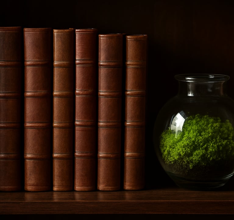 A collection of scholarly journals and textbooks bound in Wood Brown leather, arranged neatly on a dark wooden shelf next to a small glass terrarium containing lush green moss.