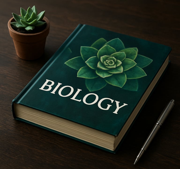 A high-resolution photograph of a biology textbook resting on a dark rustic table, flanked by a small potted succulent and a silver fountain pen, in a modern North American academic setting.
