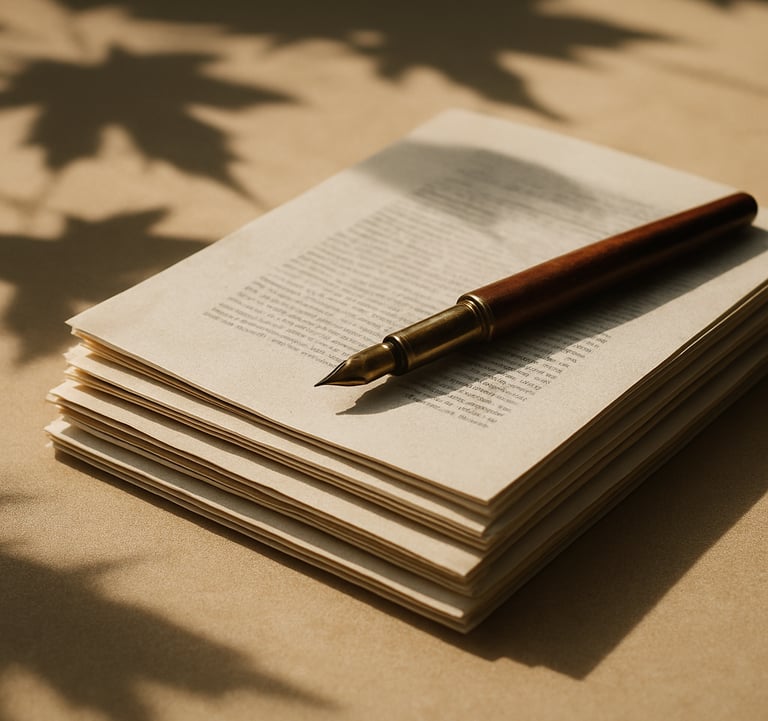 A close-up photograph of a stack of academic journals and manuscripts on a clean parchment-colored desk. A vintage fountain pen rests on top. Shadows of maple leaves from a North American window play across the scene. The palette features subtle dark earth and wood brown tones.