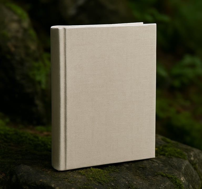 A professionally bound textbook with a linen texture, standing upright against a backdrop of dark mossy rocks and forest greenery. The lighting is crisp and the style is grounded and professional.