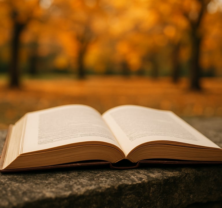 A close-up photograph of an open academic textbook with crisp parchment pages, resting on a weathered stone ledge in a North American park during autumn, with blurred golden leaves in the background.