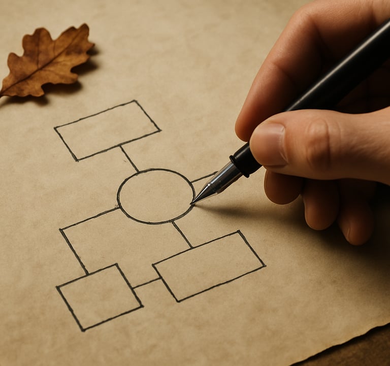 Close-up of a hand with a fountain pen sketching a diagram on a parchment paper page. A small oak leaf rests on the corner of the paper. Professional, focused, and academic atmosphere.