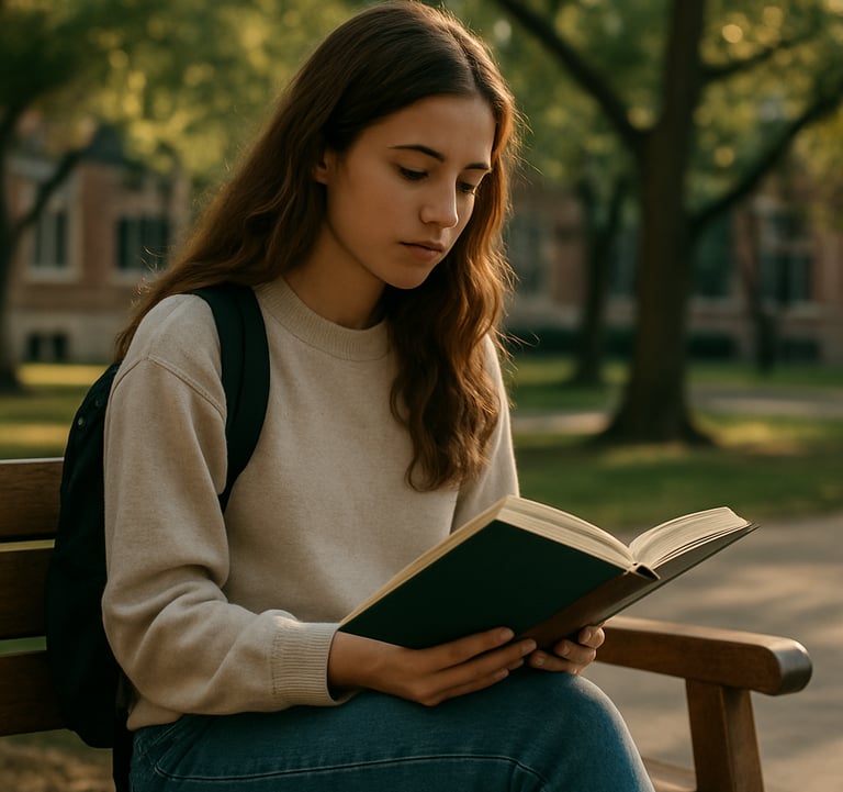A lifestyle photograph of a university student sitting on a wooden bench on a North American campus, reading a book with a Forest Green and Wood Brown cover design. Soft afternoon sun filters through trees in the background.