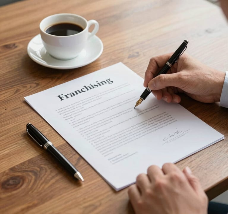 A bright, clean-cut photo of a franchising agreement being signed on a heavy wooden desk. Beside it is a high-end fountain pen and a cup of black coffee. Professional North American business aesthetic.