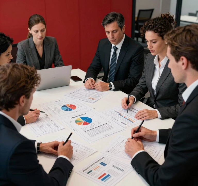 A group of professional business partners in a North American office collaborating over a large table filled with franchising blueprints and financial reports. The style is modern and high-contrast, featuring crimson and black office decor.