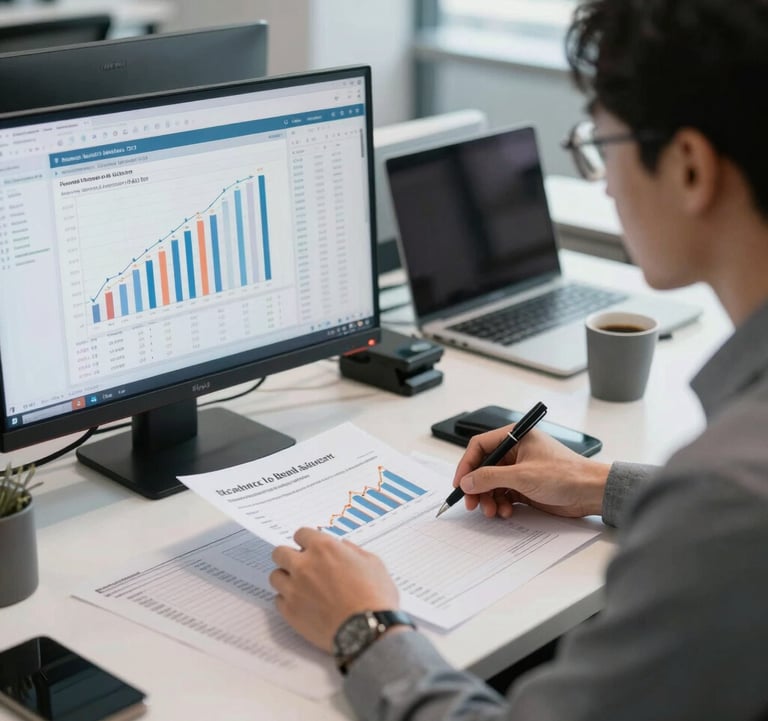 A professional financial analyst in a North American office environment working on complex growth spreadsheets. The setting is modern and professional, with a focus on strategic planning and data-driven management.