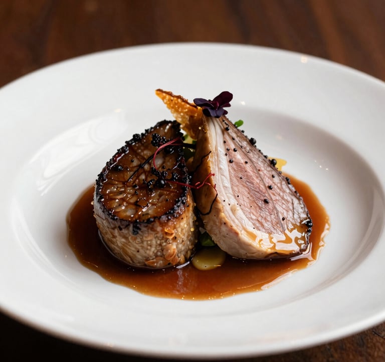 A close-up photograph of a high-end, professionally prepared gourmet dish served in one of Jersey Generations' managed restaurants. The lighting is warm and emphasizes the texture and quality of the food.