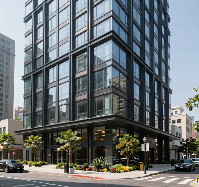 A professional exterior shot of a modern commercial property in a North American city at midday. The building features glass and black metal facades with high-end landscaping, representing a successful real estate management project.