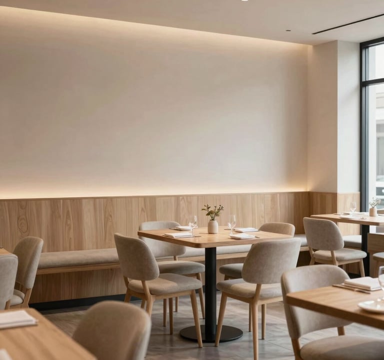 An interior shot of a sophisticated Scandinavian-style restaurant in North America. The design features light wood, neutral parchment tones, and minimalist furniture, conveying a cozy yet professional atmosphere.