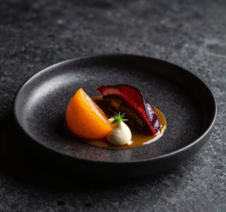 A high-end, artistic food photograph of a modern gourmet dish served in a Scandinavian-style restaurant. The lighting is dramatic, highlighting textures and colors like orange and deep reds against a black ceramic plate.