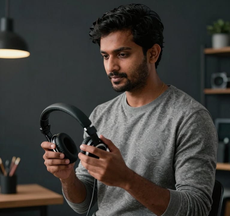 An Indian artist in a modern studio environment, holding a pair of headphones, looking focused and confident, dark charcoal background.