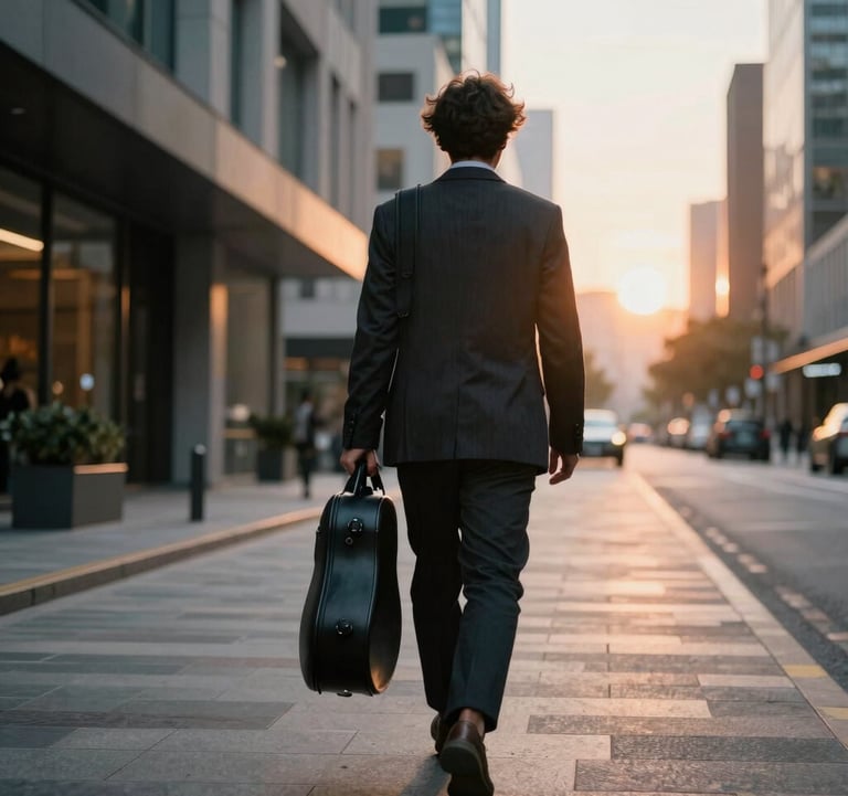 A musician walking through a modern urban street at sunset, carrying a guitar case, conveying a sense of global movement and sophisticated style.