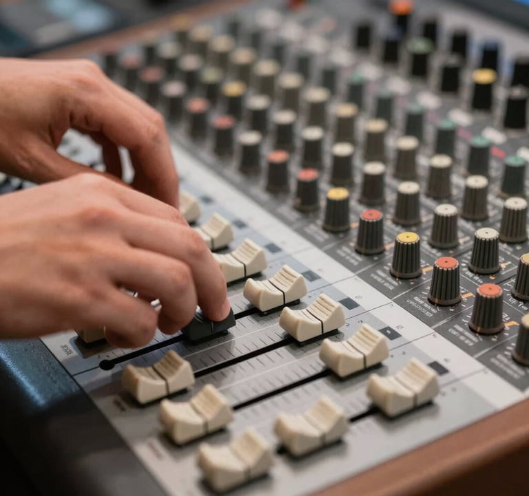 A close-up shot of a music producer's hands adjusting faders on a high-end mixing console, with espresso brown wood details and soft cream lighting.