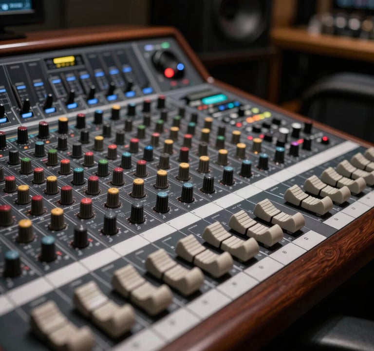 Close-up of a high-end mixing console in a dark room with deep coffee brown wood accents, professional and modern music production equipment.