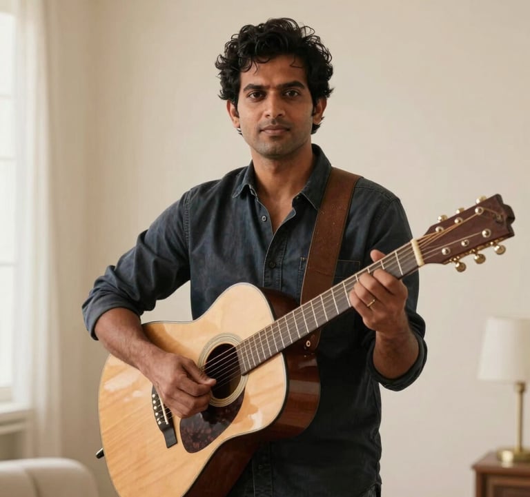 A professional portrait of an Indian solo artist holding a guitar, standing in a brightly lit studio with soft cream walls and warm champagne lighting.