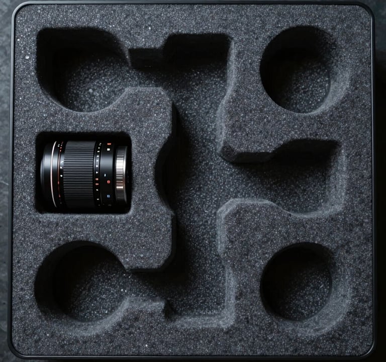 A top-down view of a technical assembly kit in a specialized foam insert. North American / US industrial design. Deep Charcoal and Cool Grey.