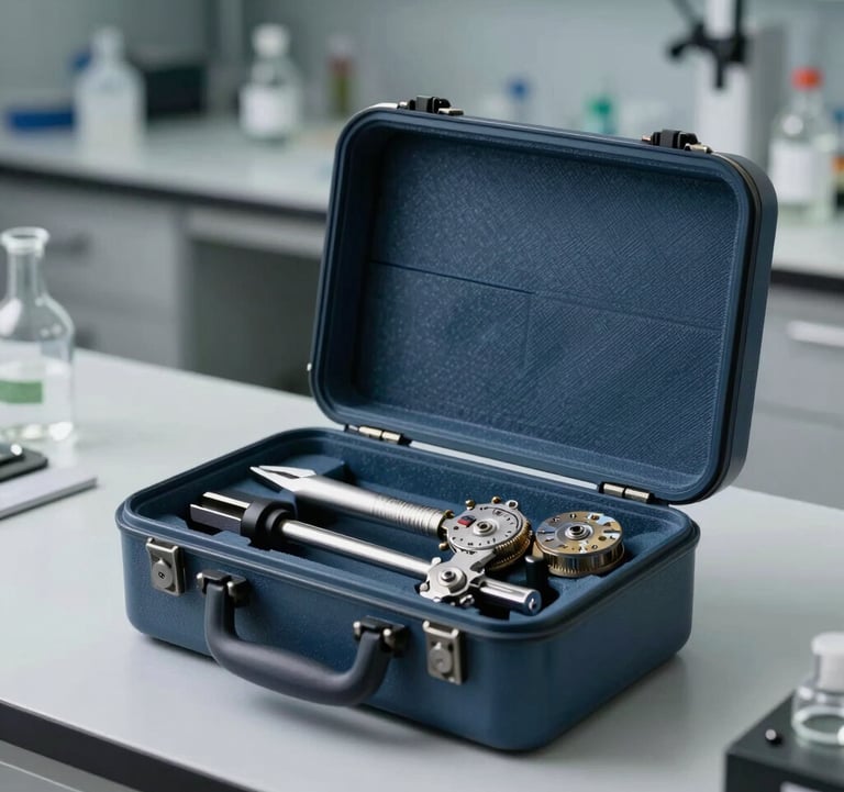 Product photography of a high-end luxury mechanical tool paired with its custom Slate Blue transit case. Shot in a sterile North American laboratory setting. Editorial style.
