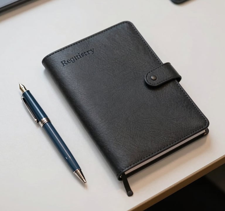 A minimalist overhead photograph of a dark charcoal leather-bound registry ledger next to a slate blue fountain pen on a polished off-white desk in a North American / US corporate office environment. Editorial and authoritative style.