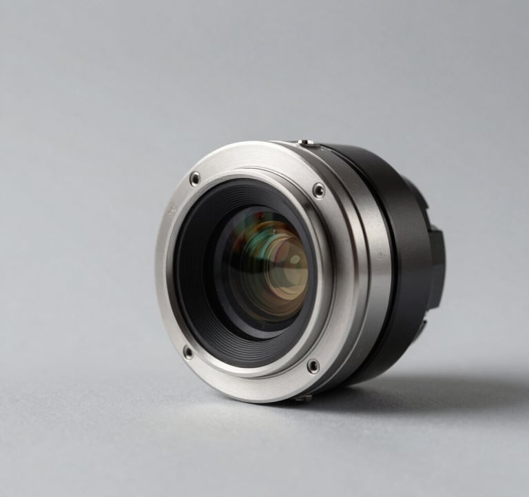 Studio photography of a sleek industrial sensor in Soft Silver and Deep Charcoal. Minimalist, centered composition with sharp shadows.