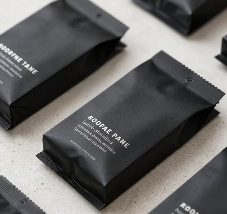 A macro photograph of premium, matte-black product packaging featuring embossed light silver text, arranged on an off-white stone surface in a North American / US design studio. Stark, clean, and professional composition.