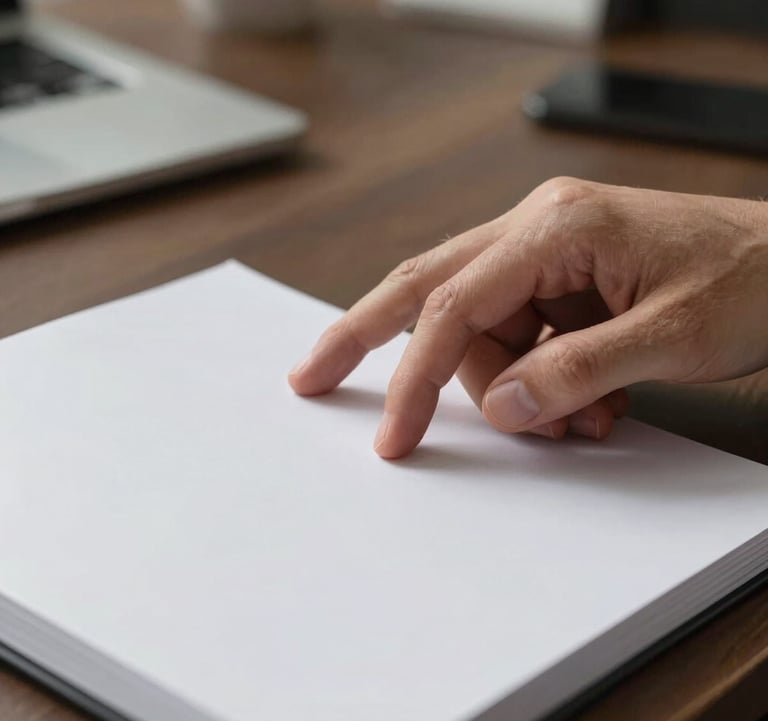 A close-up photograph of a professional's hand in a North American / US office environment, interacting with a stark white and charcoal product catalog. Editorial style with significant negative space.