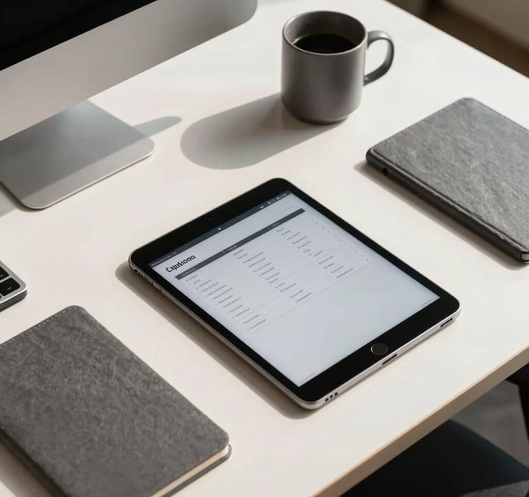 Overhead editorial shot of slate grey office accessories and a professional tablet showing a product index. High-end off-white desk in a North American / US executive office with natural sunlight.