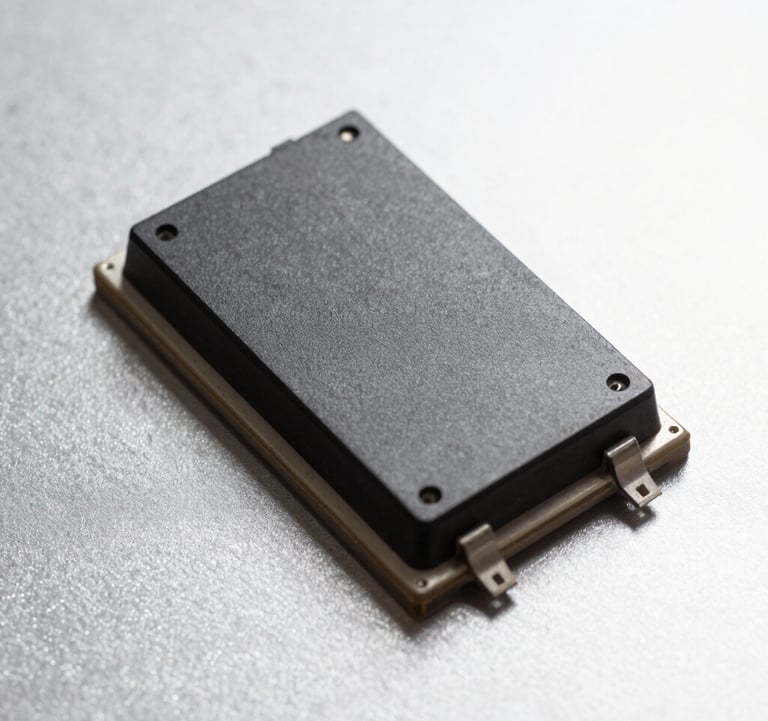 A close-up, sharp photography of a high-tech matte charcoal electronic component on a pristine silver background. Cold, industrial lighting. Modern minimalist composition.