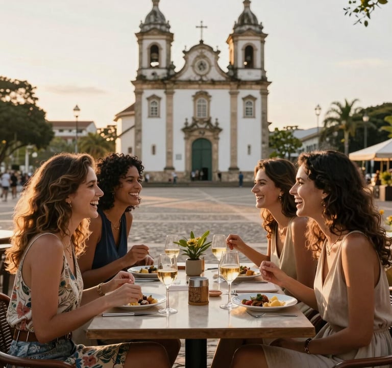 A group of elegant women laughing and sharing a meal at a stylish outdoor restaurant in a historic Brazilian plaza during the golden hour, high-end travel photography.