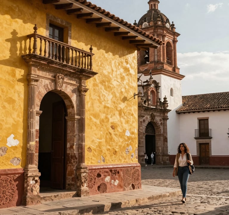 Detailed photography of traditional South American colonial architecture in a sun-drenched town square, featuring vibrant textures and warm gold tones. A sophisticated woman traveler explores the area in the background.