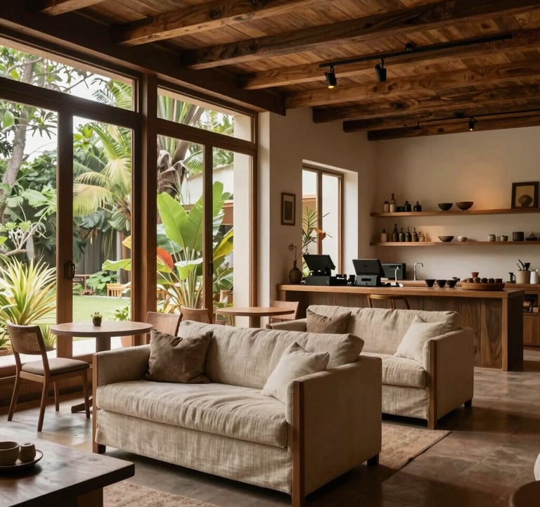 Photography of a boutique hotel's interior in South America, featuring natural wood, linen fabrics, and large windows with greenery outside.