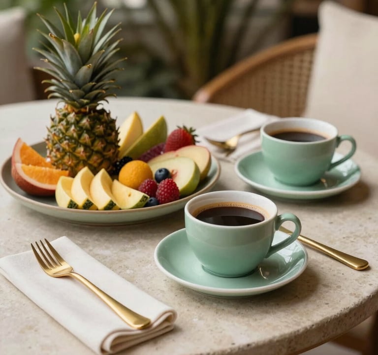 A close-up shot of a gourmet tropical fruit platter and high-end coffee served on a stone table at a South American boutique hotel. Soft morning light, gold utensils, and a color palette of sage green and off-white.