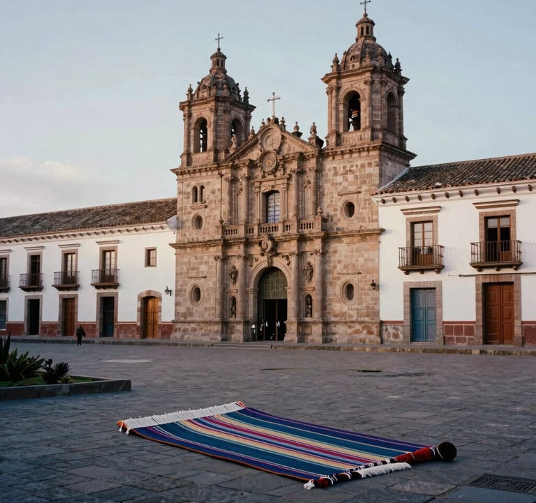 South American photography focusing on local cultural textures, such as artisanal weaving and architectural details of a colonial town square, in soft daylight.