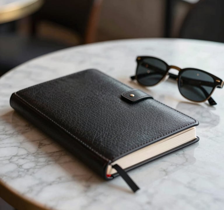 Close-up photography of a sophisticated travel journal and a pair of sunglasses on a marble table in a Brazilian cafe, with soft natural light.