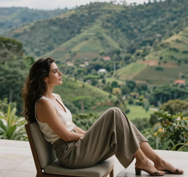 Elegant lifestyle photography of a woman relaxed on a terrace overlooking a lush South American valley, focusing on the peaceful atmosphere and sophisticated attire.