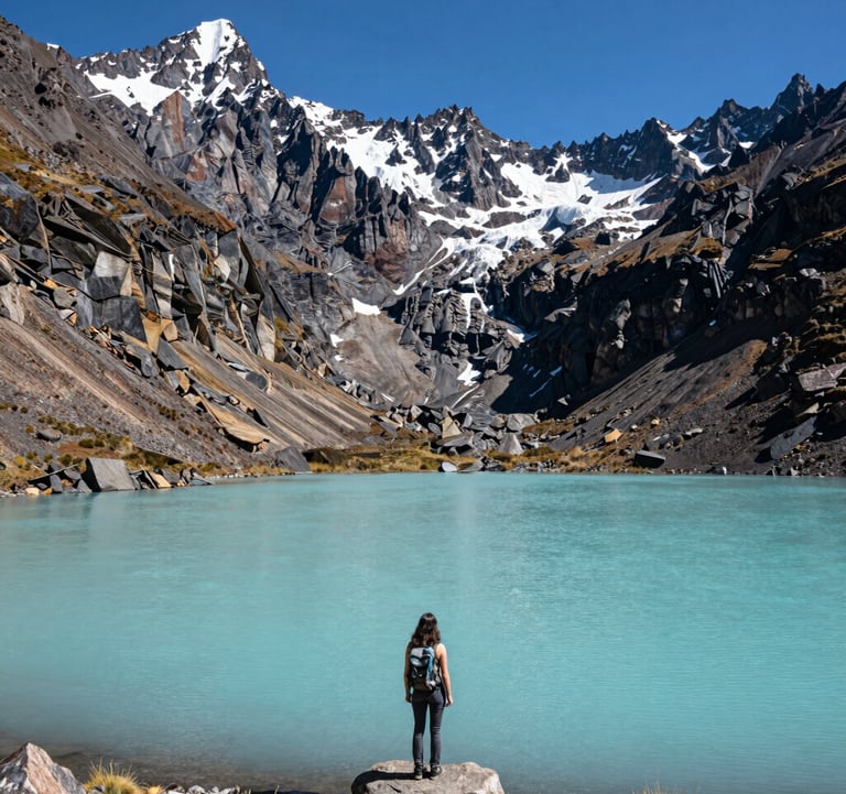 Breathtaking wide-angle shot of a South American mountain range with a clear turquoise lagoon. A solo woman traveler stands in the distance, emphasizing scale and empowerment in a wild, clean landscape.