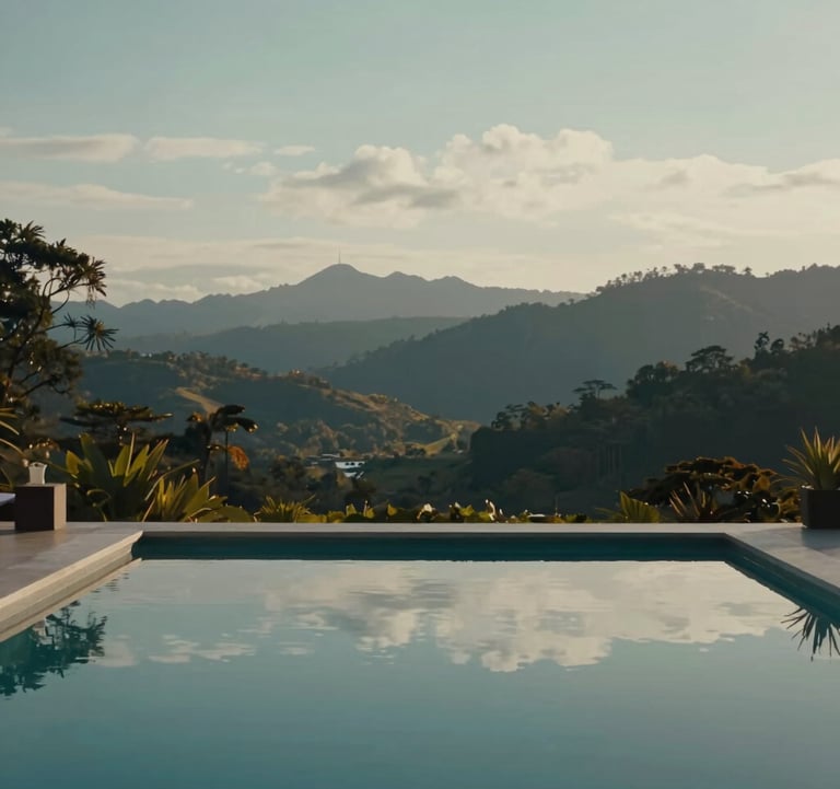 A serene luxury spa retreat in a South American mountain setting, featuring a minimalist pool reflecting the soft muted teal sky. The atmosphere is calm, inviting, and sophisticated.