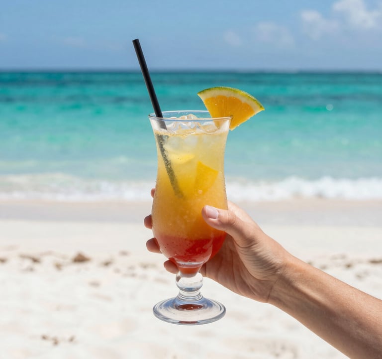 Vibrant and clear photography of a woman's hand holding a tropical drink against a background of white sand and turquoise water, Brazilian style.