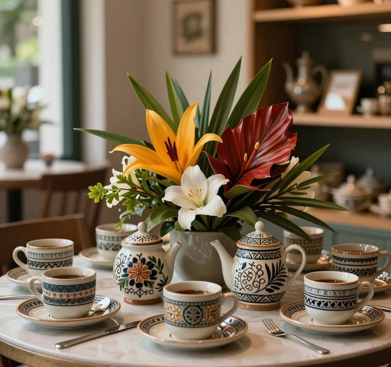 Close-up of a beautifully arranged table in a Brazilian boutique hotel, featuring locally crafted ceramic coffee cups and fresh tropical flowers, soft natural lighting.