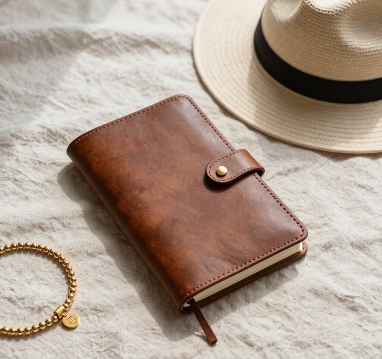 A minimalist composition of a leather travel journal, a sun hat, and gold jewelry resting on an off-white linen cloth. Soft shadows, high-end travel aesthetic, sophisticated and clean look.