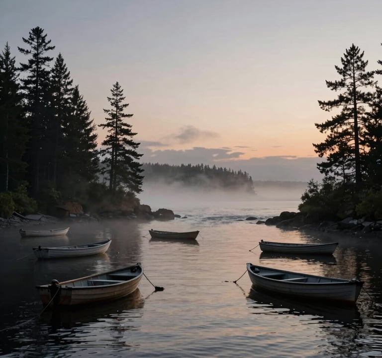 A moody landscape photograph of a North American coastal inlet. Small wooden boats are anchored in the misty water at twilight, with silhouettes of pine trees lining the shore.