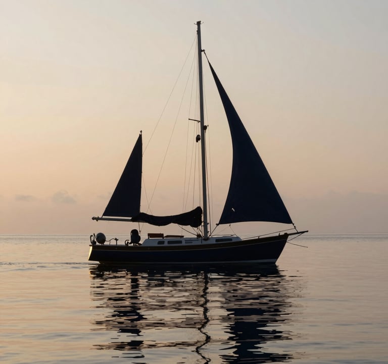 A silhouette of a classic sailboat anchored in a quiet cove against a soft, pale sand-colored sky at dawn. The water is perfectly still, reflecting the deep charcoal blue of the hull and the early morning light.