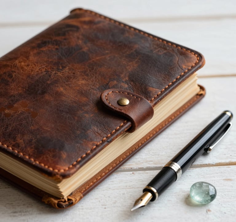 A close-up photograph of a weathered, leather-bound logbook open on a warm white wooden surface. A fountain pen and a small piece of sea glass sit nearby. The style is artistic and seasoned, highlighting craftsmanship and the North American / Coastal aesthetic.