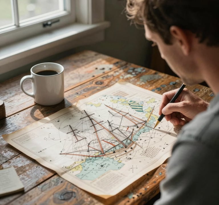 A candid photography shot of a man looking over old nautical charts spread across a weathered wooden table. A simple mug of coffee sits nearby, with soft morning light coming through a window, casting gentle shadows in a North American / Coastal setting.