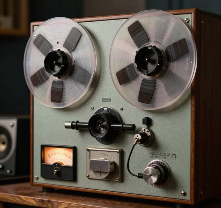 A detailed close-up of a vintage reel-to-reel tape recorder in a dimly lit studio environment. The warm glow of analog meters reflects off dark wood panels and muted sea green equipment, conveying a sense of timeless craftsmanship.