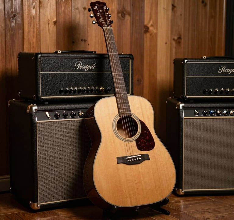 A still life photograph of an acoustic guitar leaning against a stack of vintage amplifier equipment in a warm, wood-paneled room. The lighting is soft and artistic, focusing on the craftsmanship of the instrument.
