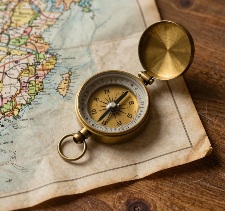 An overhead flat-lay photograph of an old brass compass and a weathered paper map resting on a warm, wooden table surface. The lighting is soft and golden, evocative of travel and planning a journey.