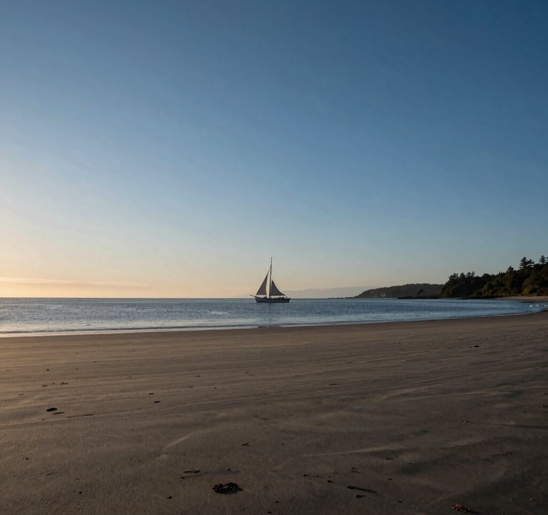 A wide-angle, cinematic photograph of a tranquil North American / Coastal inlet at dusk. The sky is a blend of sand and deep blue, with the silhouette of a lone sailing boat in the distance, conveying a sense of timeless travel and lived experience.