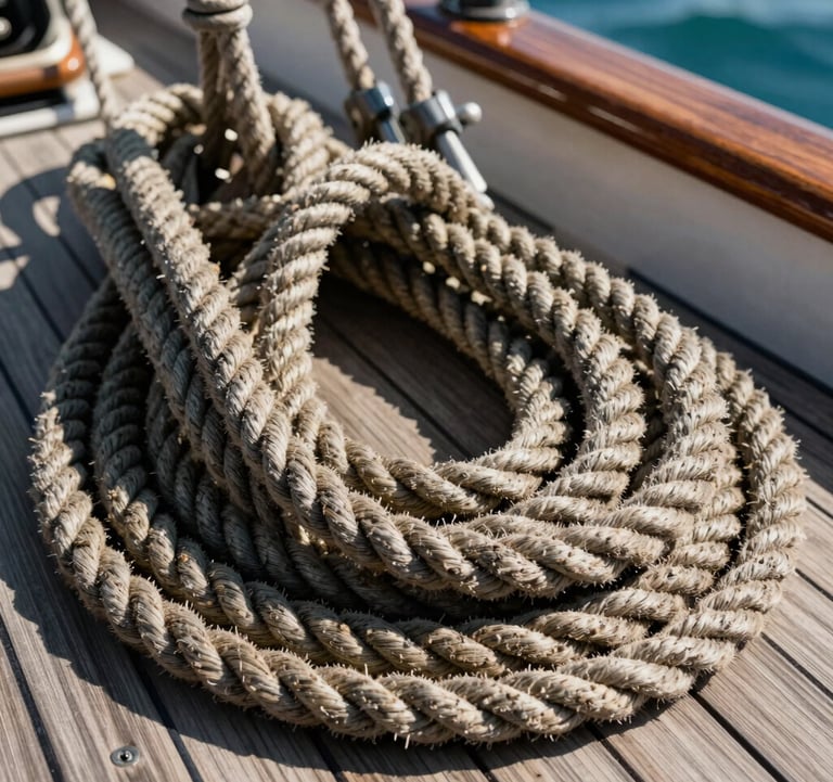 A close-up photograph of thick, weathered nautical ropes coiled on the deck of a wooden sailboat. The North American coastal sunlight catches the fibers of the rope, emphasizing texture and a sense of maritime adventure.